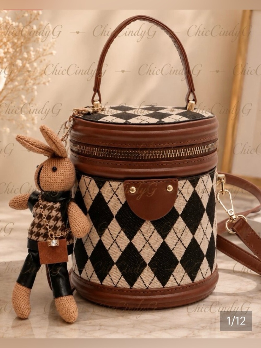 Vintage Argyle Bucket Bag Checkered Crossbody Bag With Bunny Charm (NEW)
